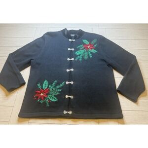 Crystal Kobe Black Embroidered Sequin Poinsettia Christmas Cardigan Size M‎